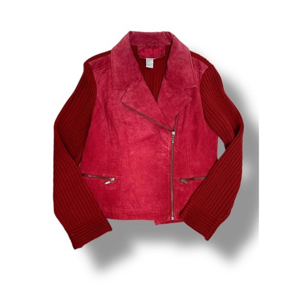 Vintage Jackets & Blazers - Vintage 90s/Y2K Geuine Red Leather Moto Jacket with Knit Back